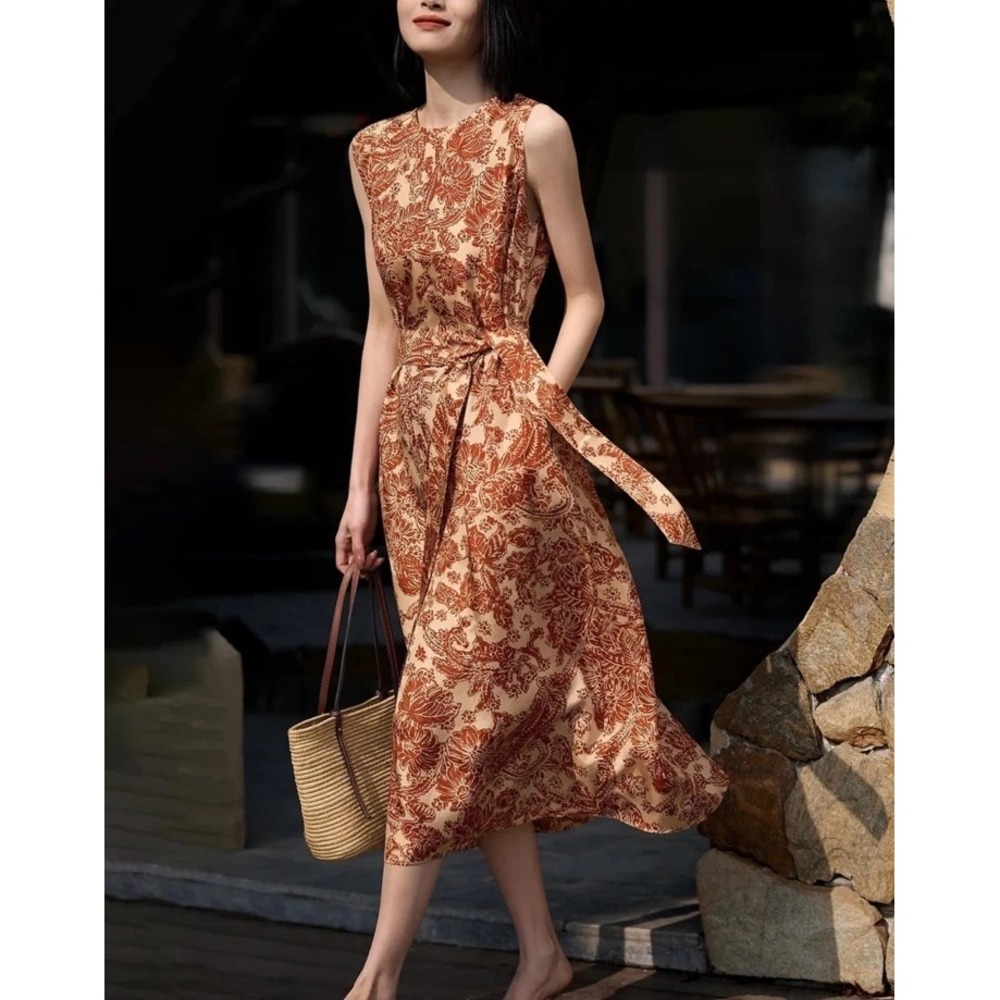 Daisy Silk Terracotta Paisley Floral Midi Dress Belted Sleeveless Women's XXL 18